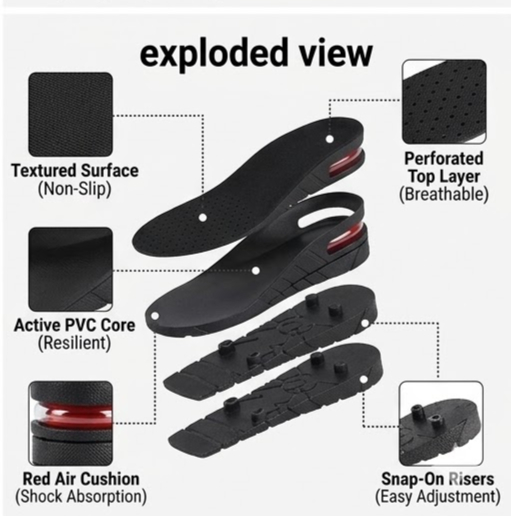 Insoles For Men and Women 3 Layer All-Season PVC Adjustable Height Increasing Comfort Style Black Model JHW-102