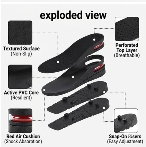 [2026454845656] Insoles For Men and Women 3 Layer All-Season PVC Adjustable Height Increasing Comfort Style Black Model JHW-102